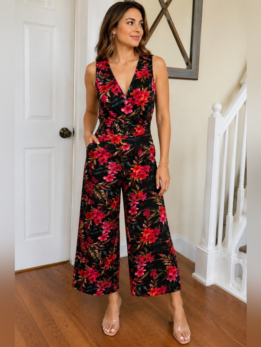 Black Tape Tropical Floral Wide Leg Jumpsuit NWT Size L